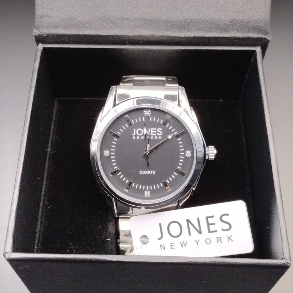 NWT Jones New York Silver Black Casual Preppy Elegant Formal Metallic Watch